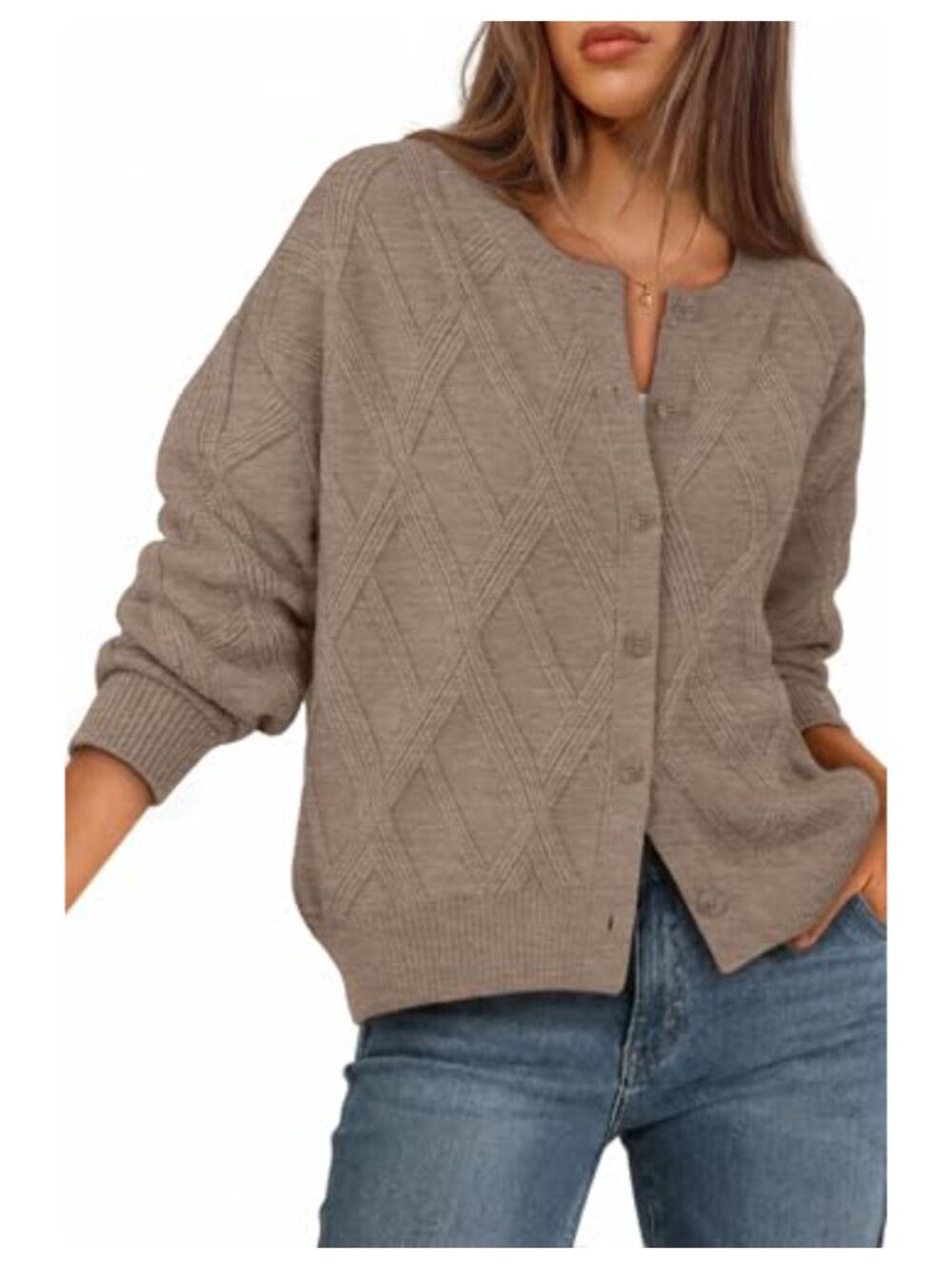 Cable Knit Cardigan Button Up Lantern Sleeve Fall Sweater